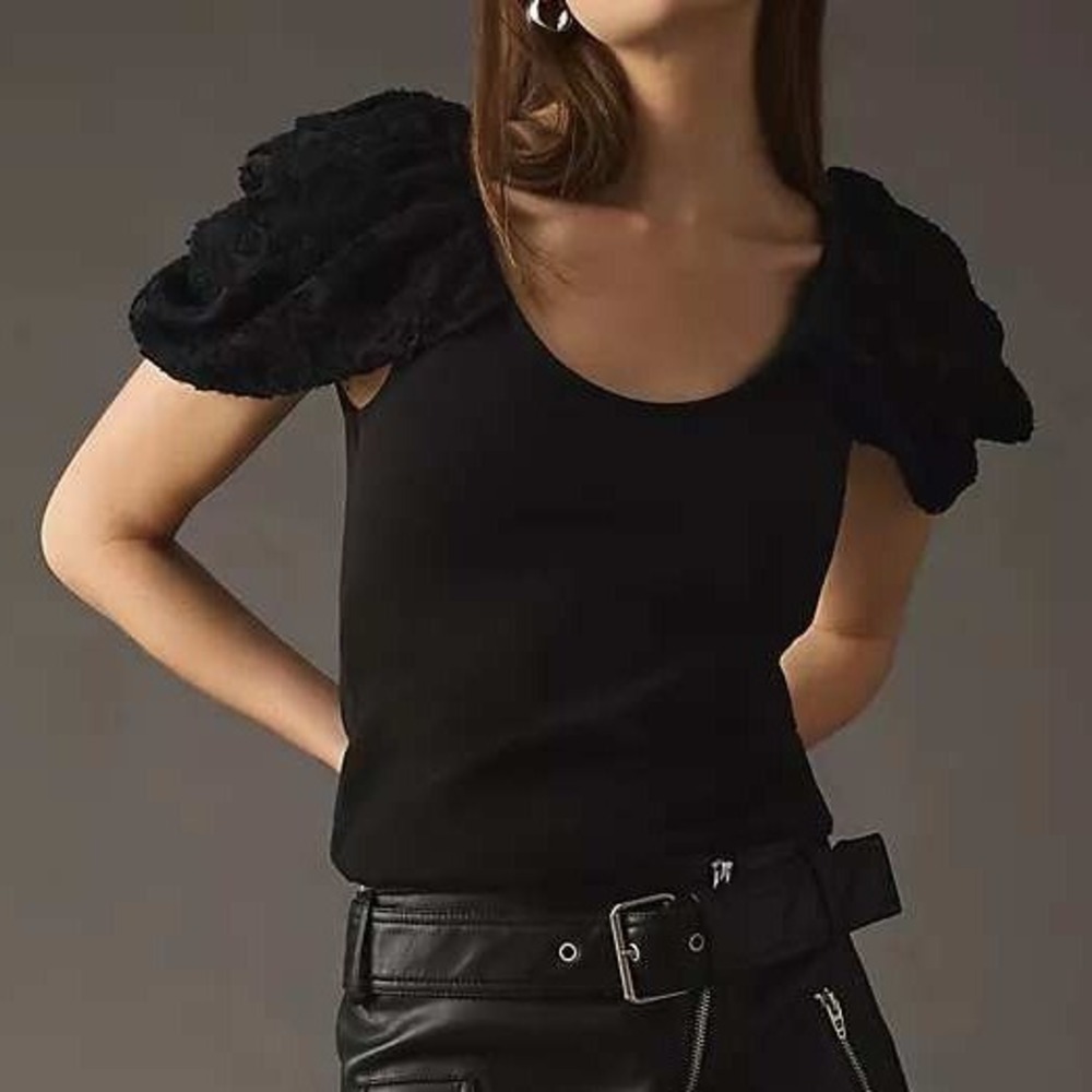 Maeve Draped-Sleeve Top Small Black Ribbed Knit Puff Sleeve Romantic Coquette